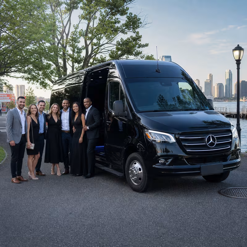 Group beside a Mercedes Sprinter limo from the Elizabeth fleet