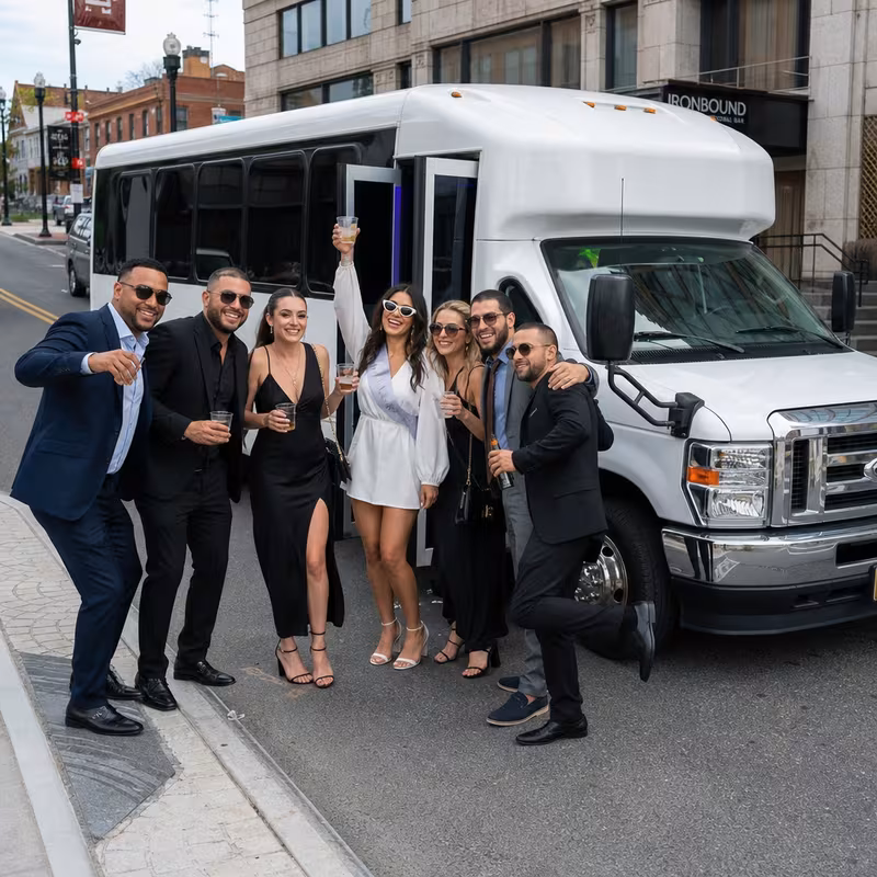 Black Mercedes Sprinter van staged for an Elizabeth Bachelor & Bachelorette Transportation group