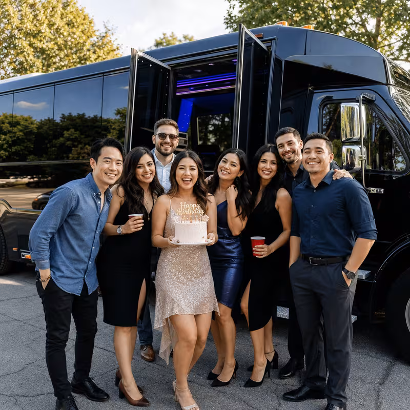 Group boarding a white charter bus for Birthday Transportation transportation in Elizabeth