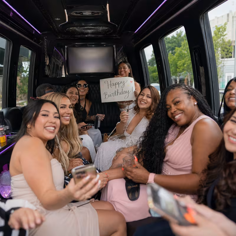 Black Mercedes Sprinter van staged for an Elizabeth Birthday Transportation group