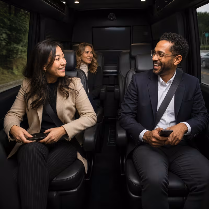 Group boarding a white charter bus for Corporate Transportation transportation in Elizabeth