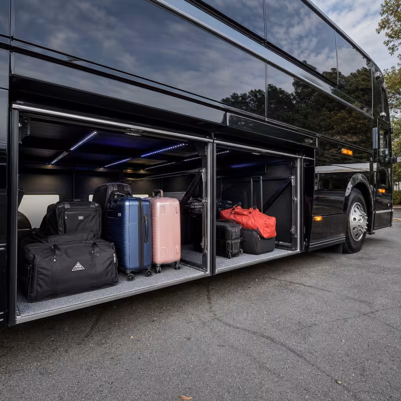 Party bus interior with wraparound leather seating and LED lighting in Elizabeth