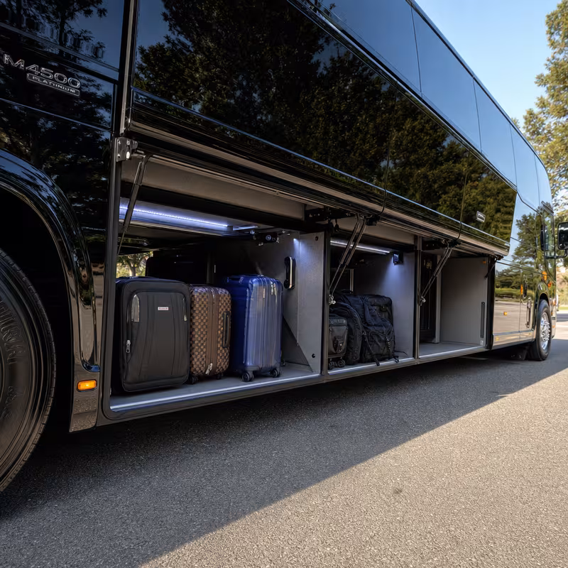 Party bus interior with wraparound leather seating and LED lighting in Elizabeth